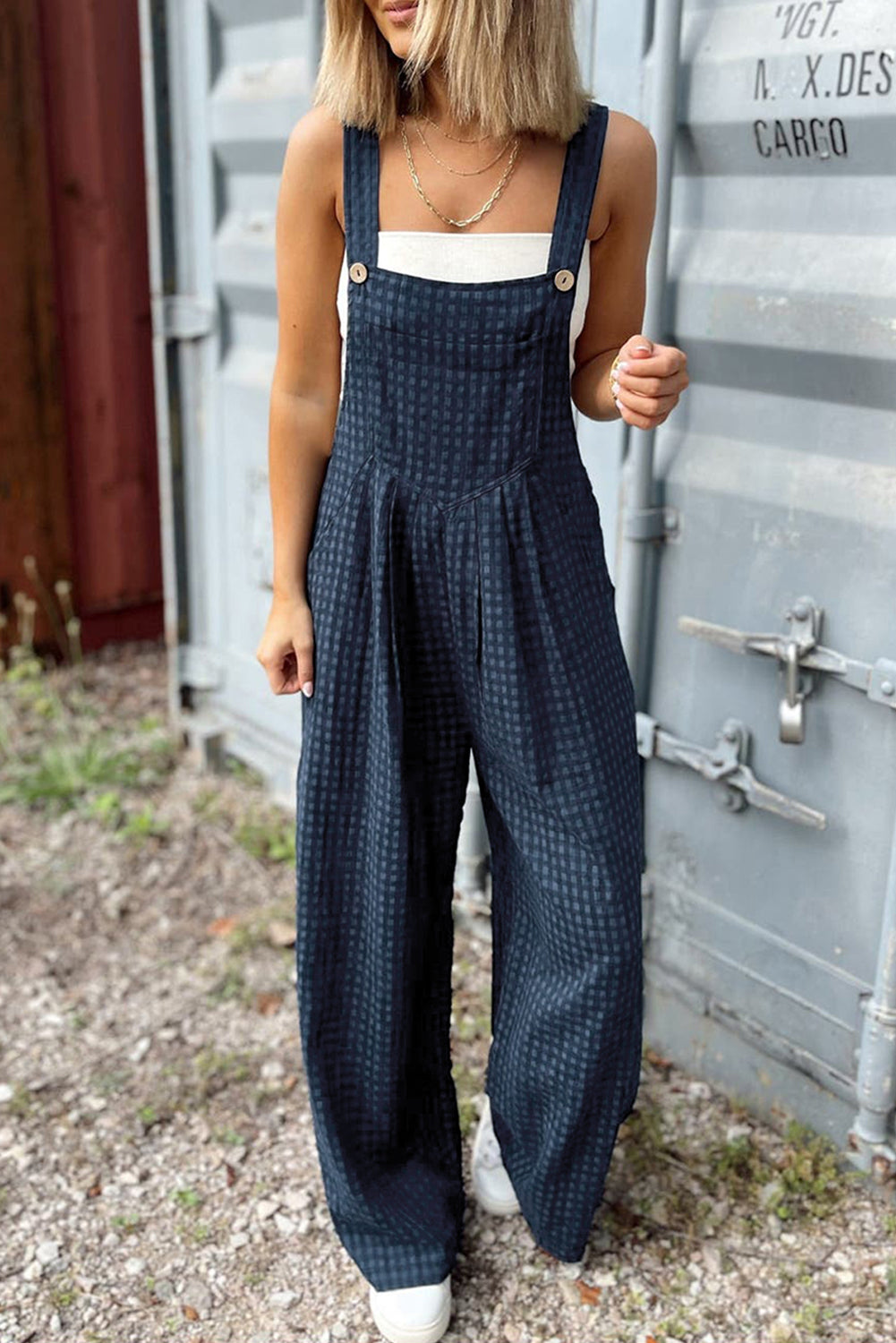 Plaid Print Buttoned Pocketed High Waist Overall