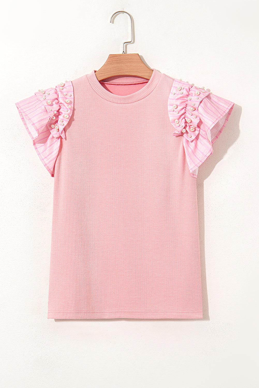 Pearl Beaded Ruffle Short Sleeve Patchwork Ribbed Blouse