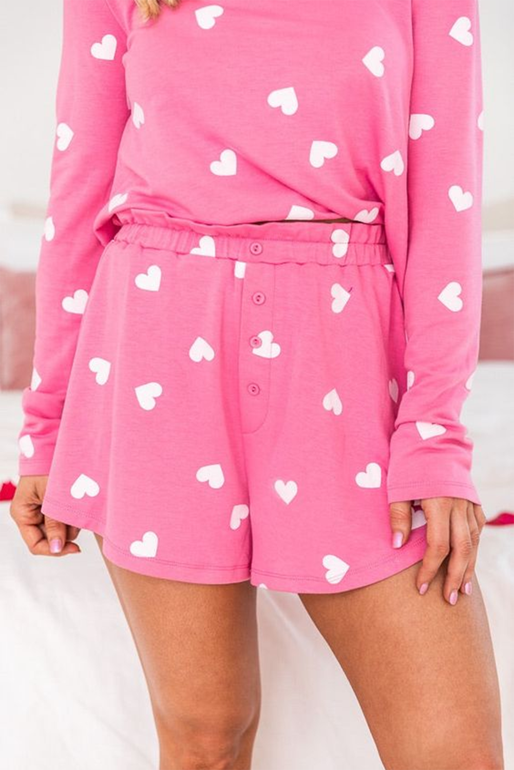 Valentine Heart Print Long Sleeve Tee and Shorts Lounge Set