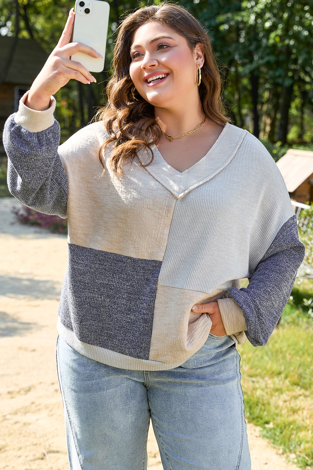 Plus Size Textured Colorblock Patchwork V Neck Top