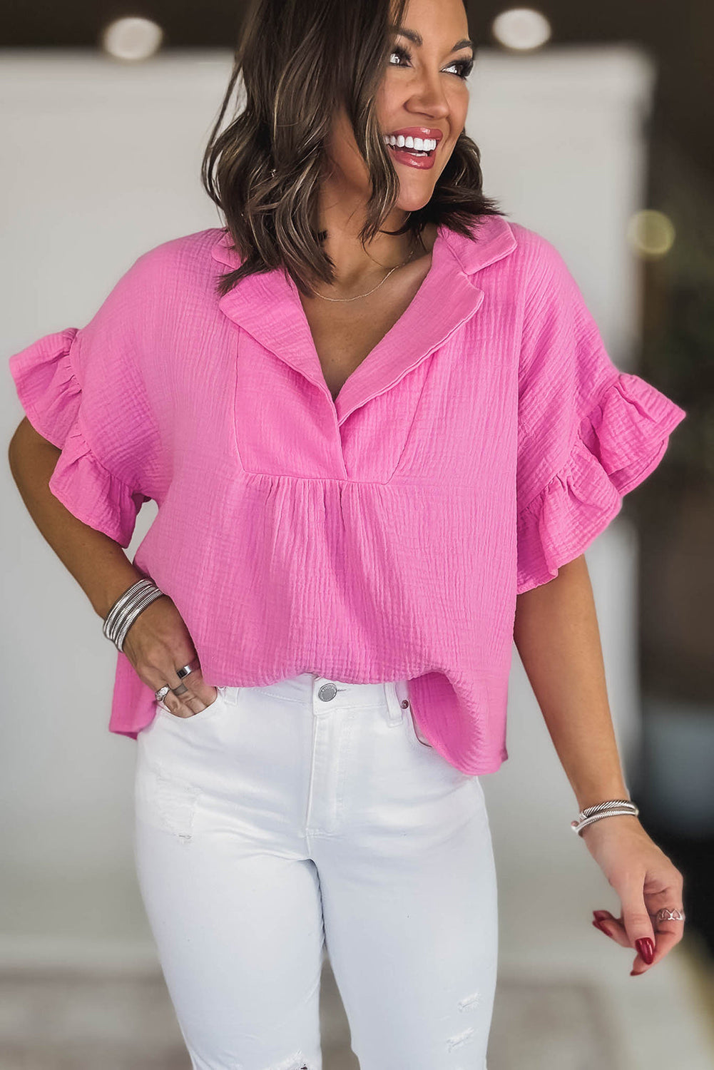 Textured Ruffled Sleeve Collared V Neck Loose Fit Top