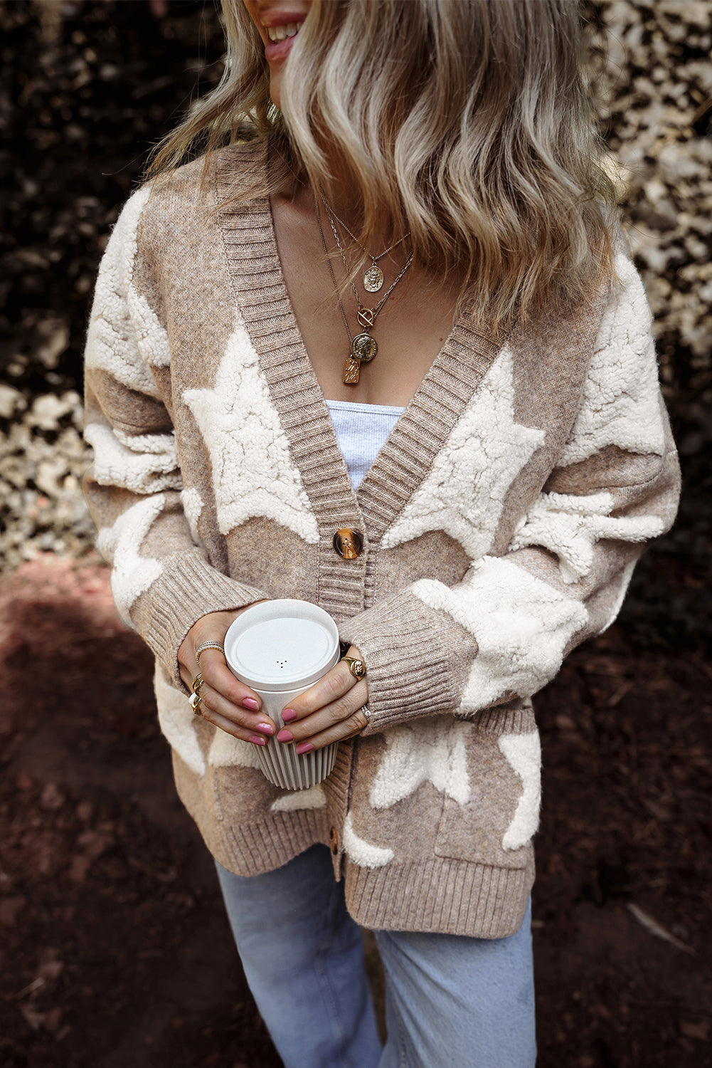 Sherpa Star Pattern Textured Sweater Cardigan with Pockets