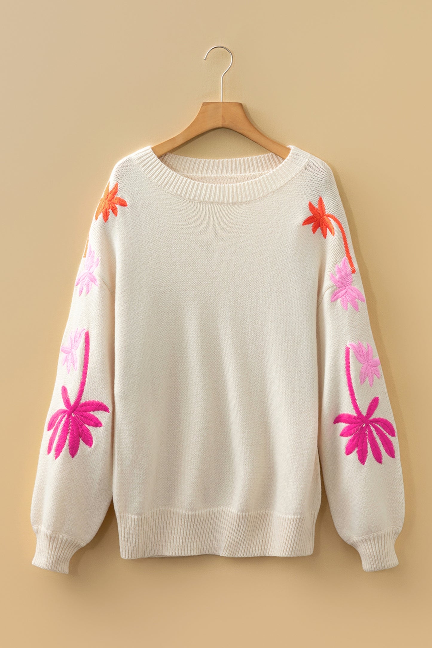 Embroidered Floral Sleeve Round Neck Loose Sweater