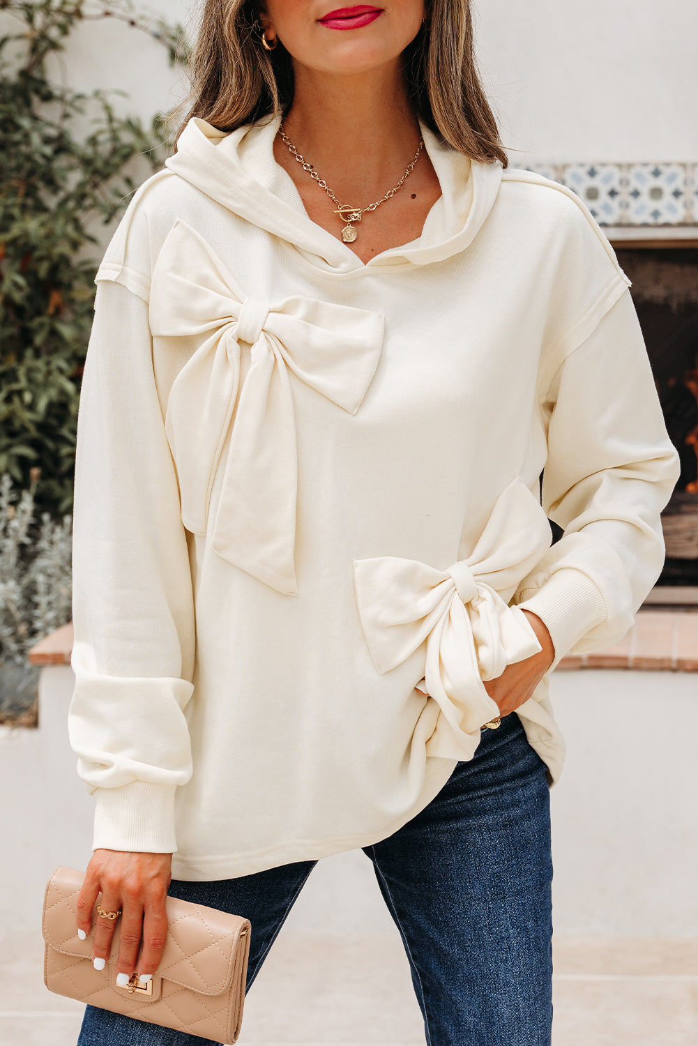 Solid Color Cute Bow Detail Loose Hoodie