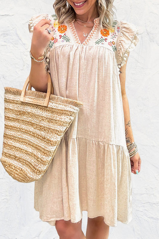 Linen Embroidery Split Neck Pom Pom Ruffle Sleeves Flowy Short Dress
