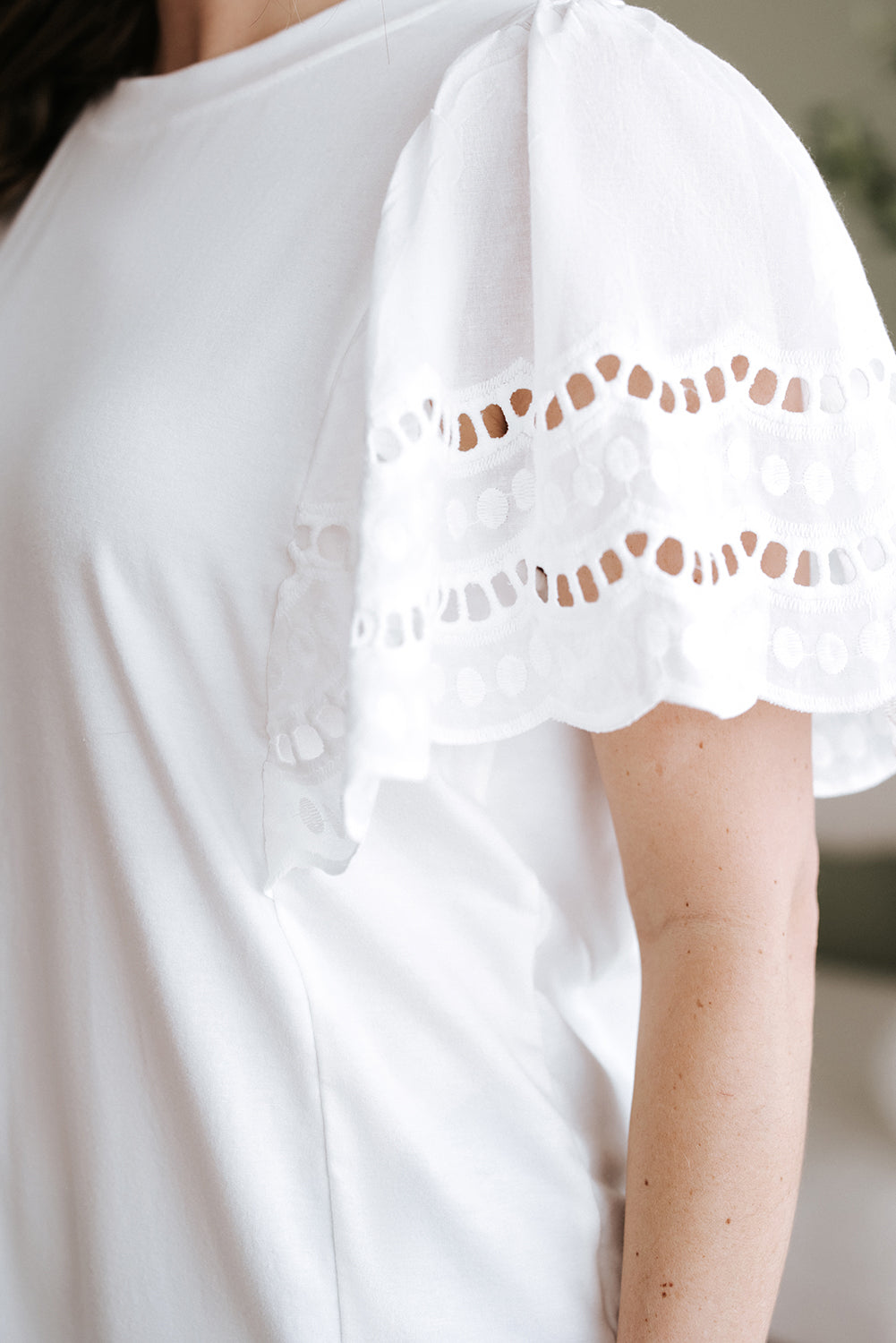 Hollow Out Embroidered Short Sleeve O Neck Top