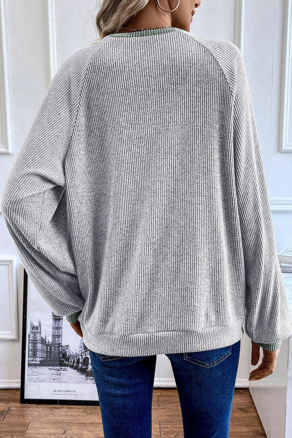 Color Contrast Ribbed Loose Fit Long Sleeve Top