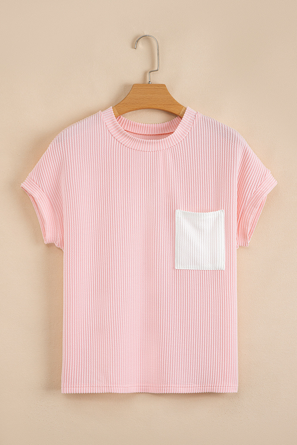 Corded Knit Color Block Pocketed Crew Neck T Shirt