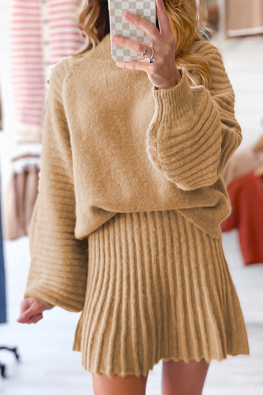 High Neck Puff Sleeve Sweater Pleated Mini Skirt 2pcs Knitted Outfit