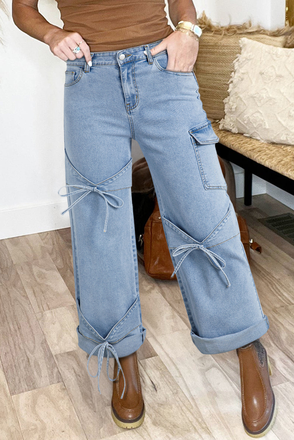 Bowknot Decor Boyfriend Cargo Jeans