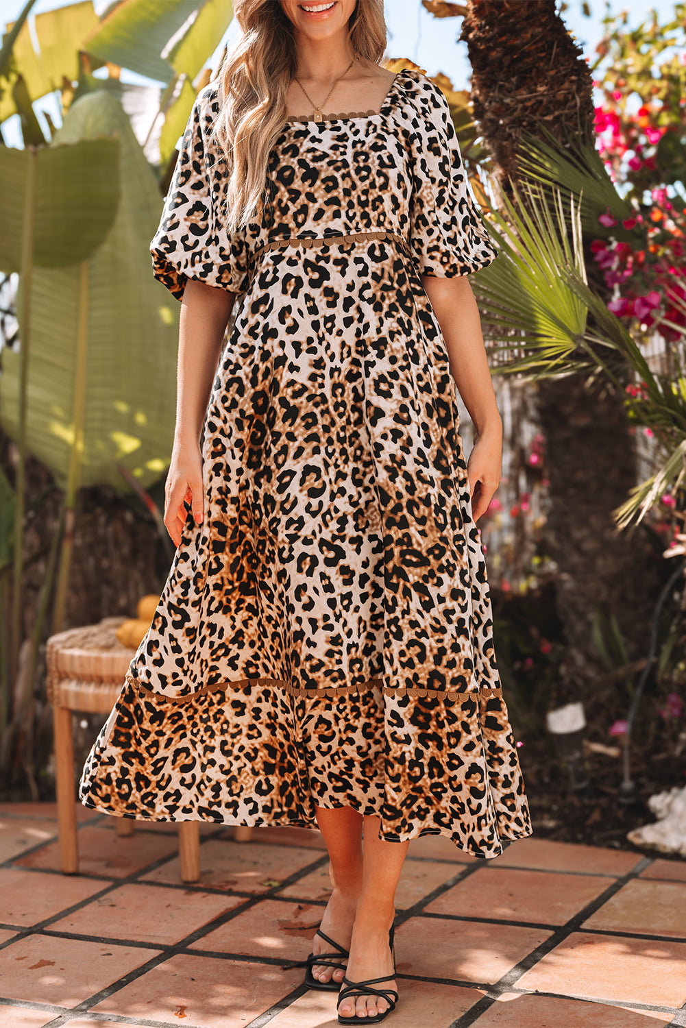 Leopard Print Bubble Sleeve Square Neck Maxi Dress