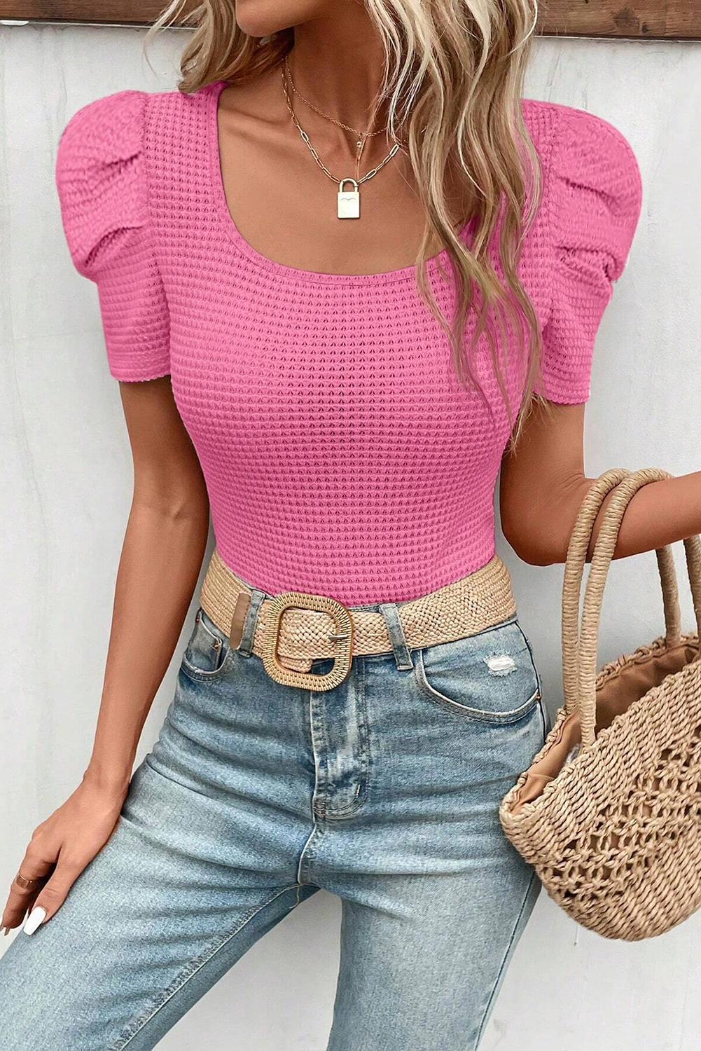 Waffle Knit Ruched Puff Sleeve Top