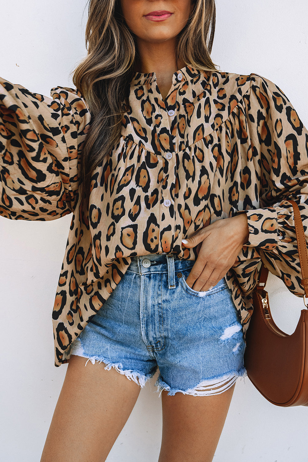 Oversized Leopard Print Balloon Sleeve Casual Shirt