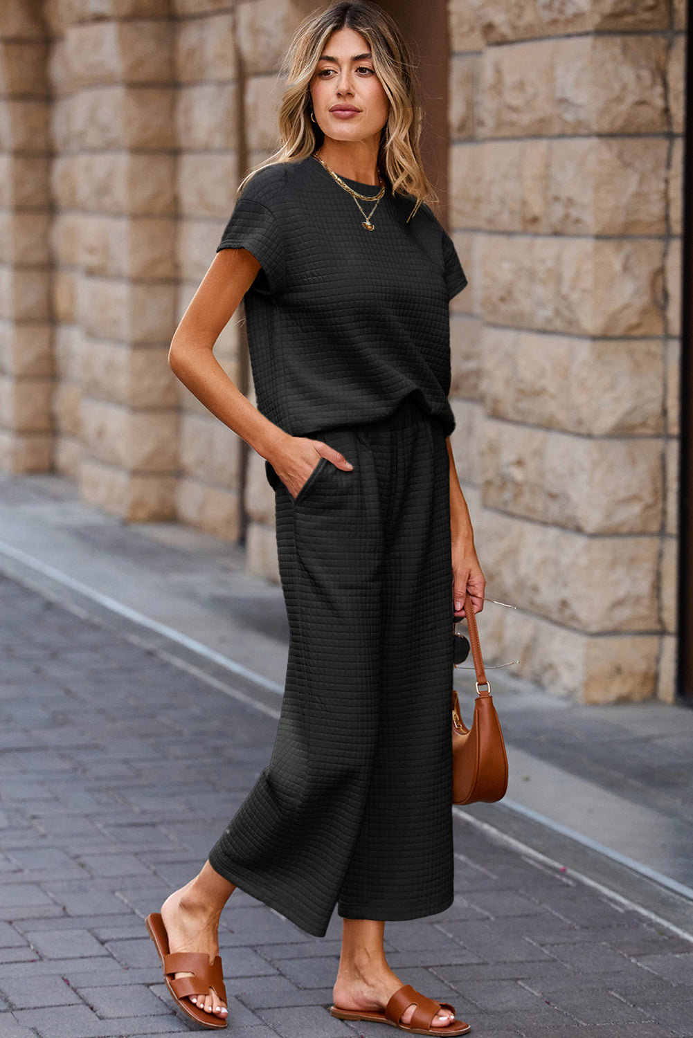 Solid Color Textured Short Sleeve Top and Casual Pants Set