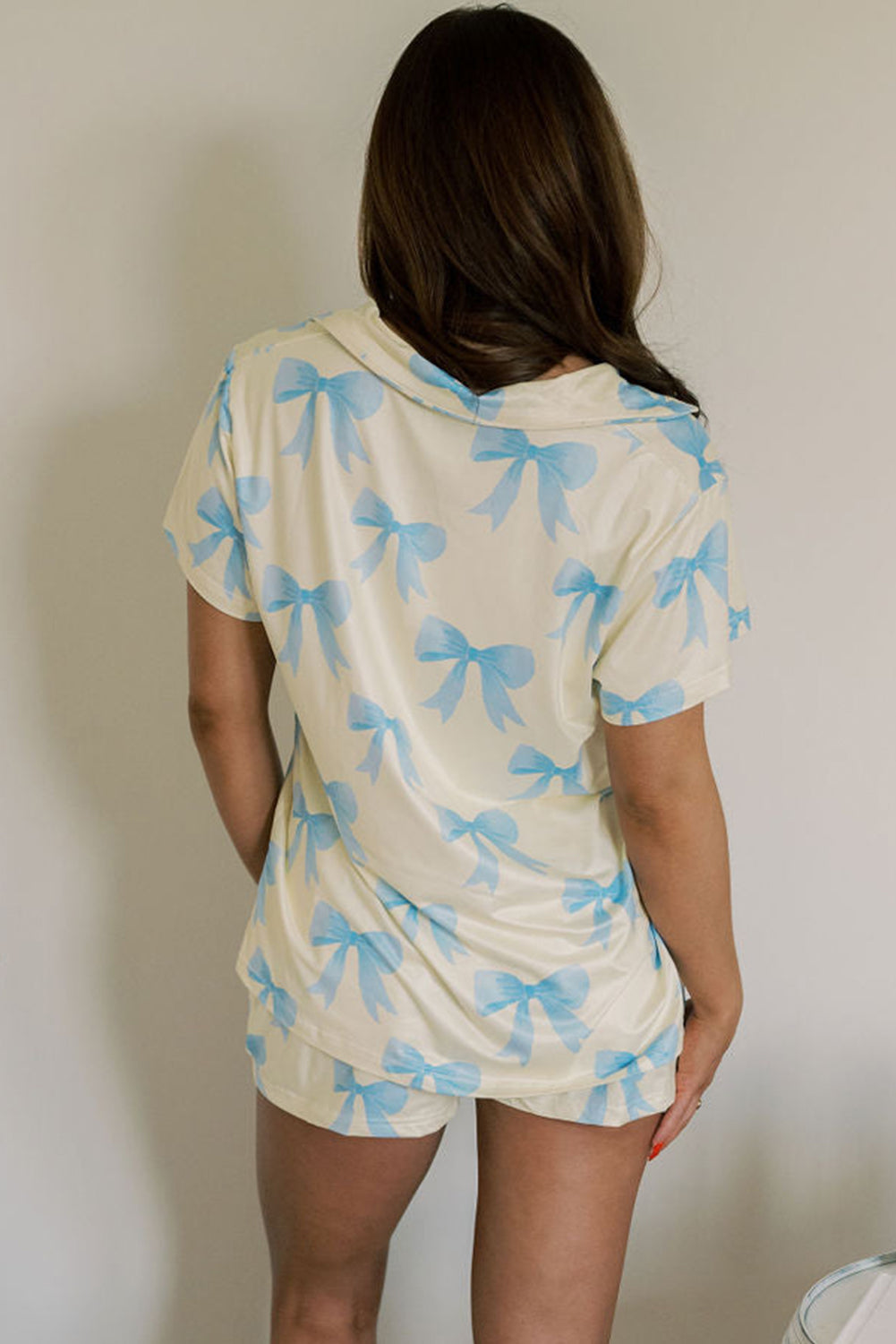 Bow Printed Short Sleeve Shirt Shorts Pajama Set