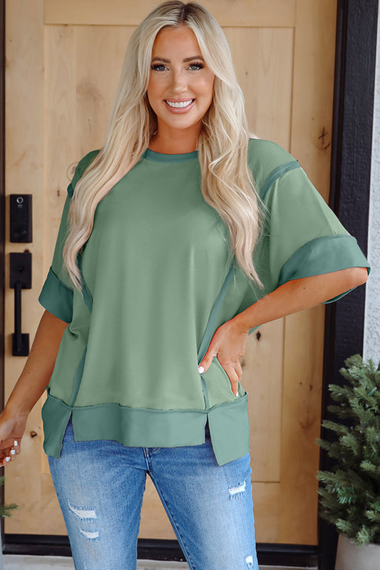 Half Sleeve Raw Seam High Low Side Split Top
