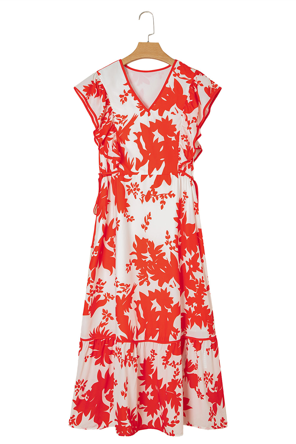 Floral Print Trimmed V Neck Ruffle Sleeve Long Dress