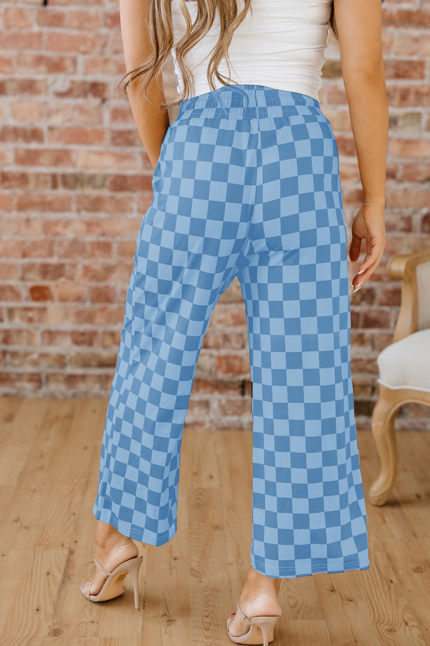 Checkered Elastic High Waist Loose Casual Pants