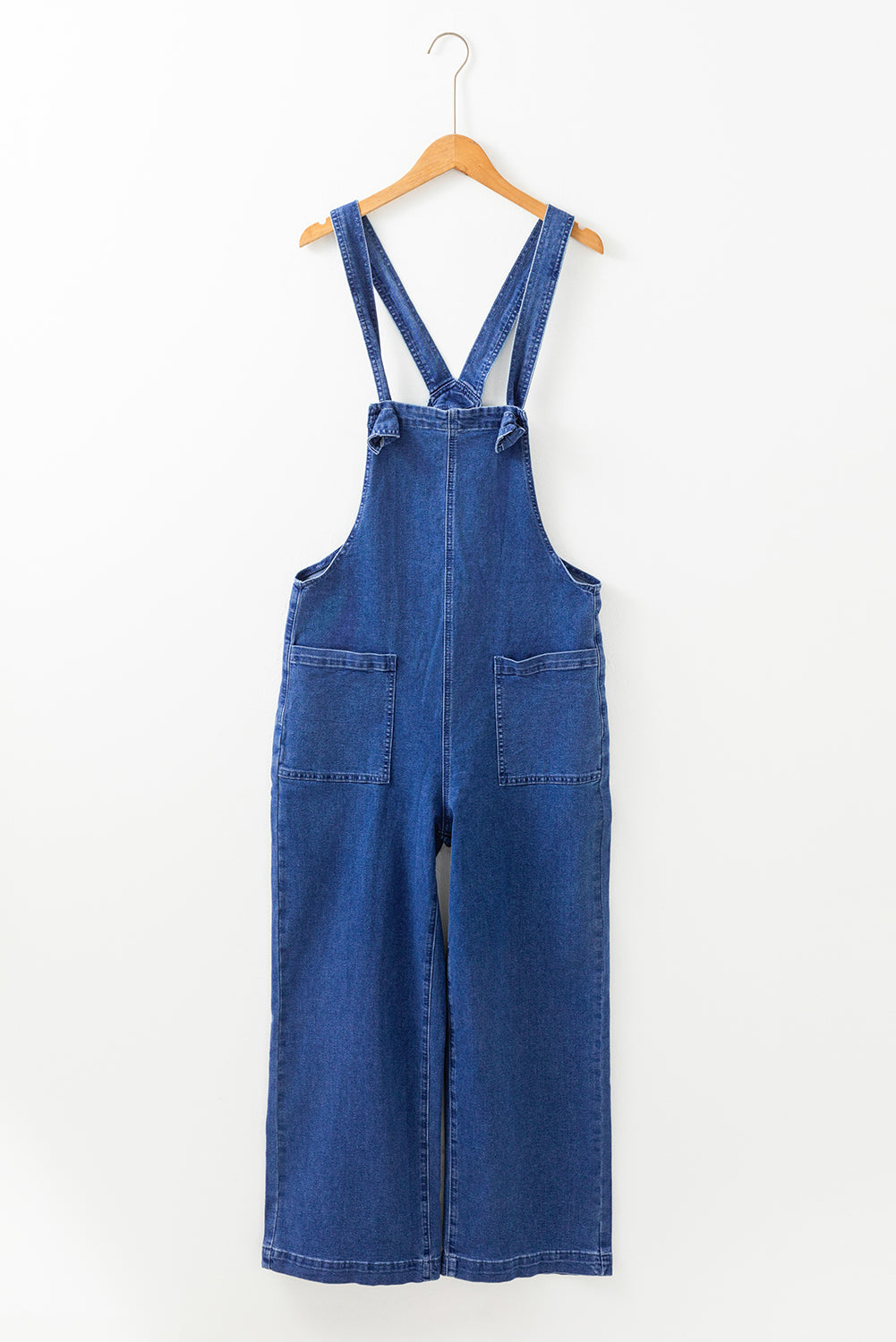 Mineral Wash Knotted Strap Patched Pocket Wide Leg Denim Overalls