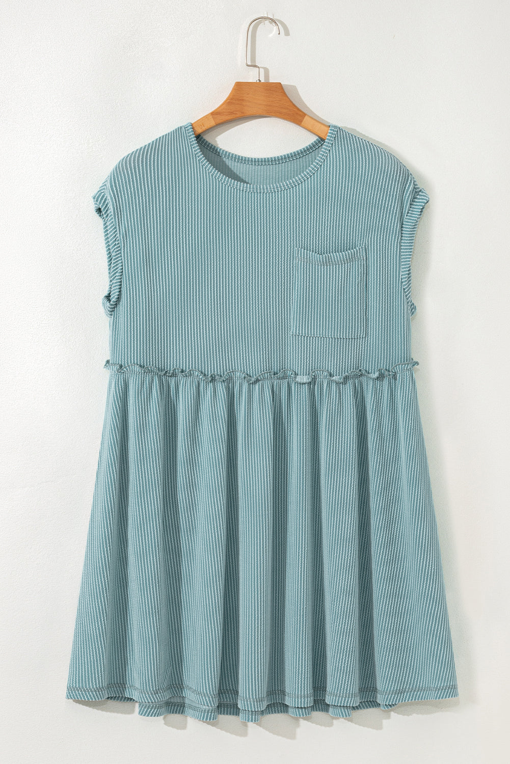 Corded Knit Textured Patched Pocket Frilled Swing Mini Dress with Pockets