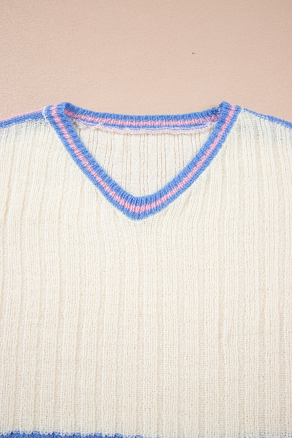 Striped V Neck Dolman Sleeve Rib Knit Oversized Sweater with Slits