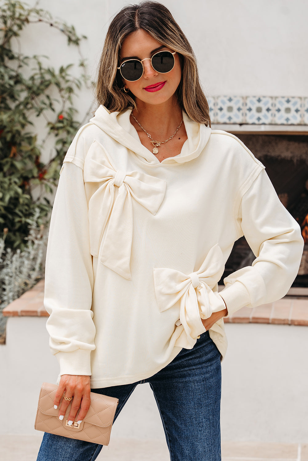 Solid Color Cute Bow Detail Loose Hoodie