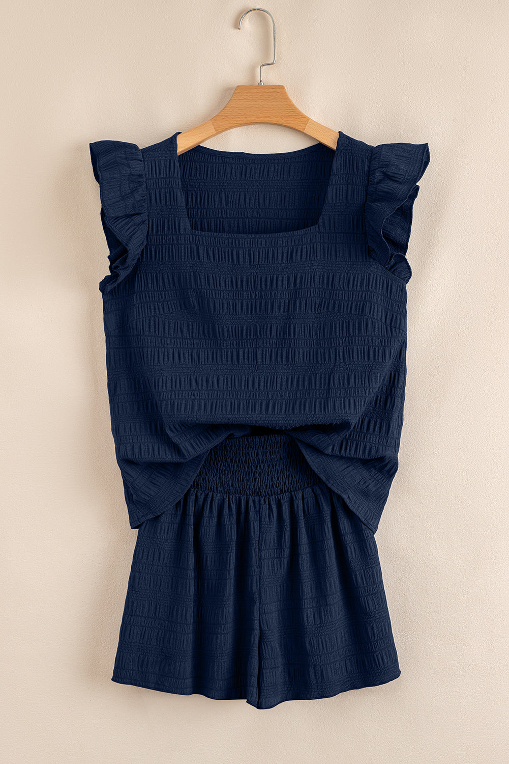 Textured Square Neck Top and Shirred High Waist Shorts Set