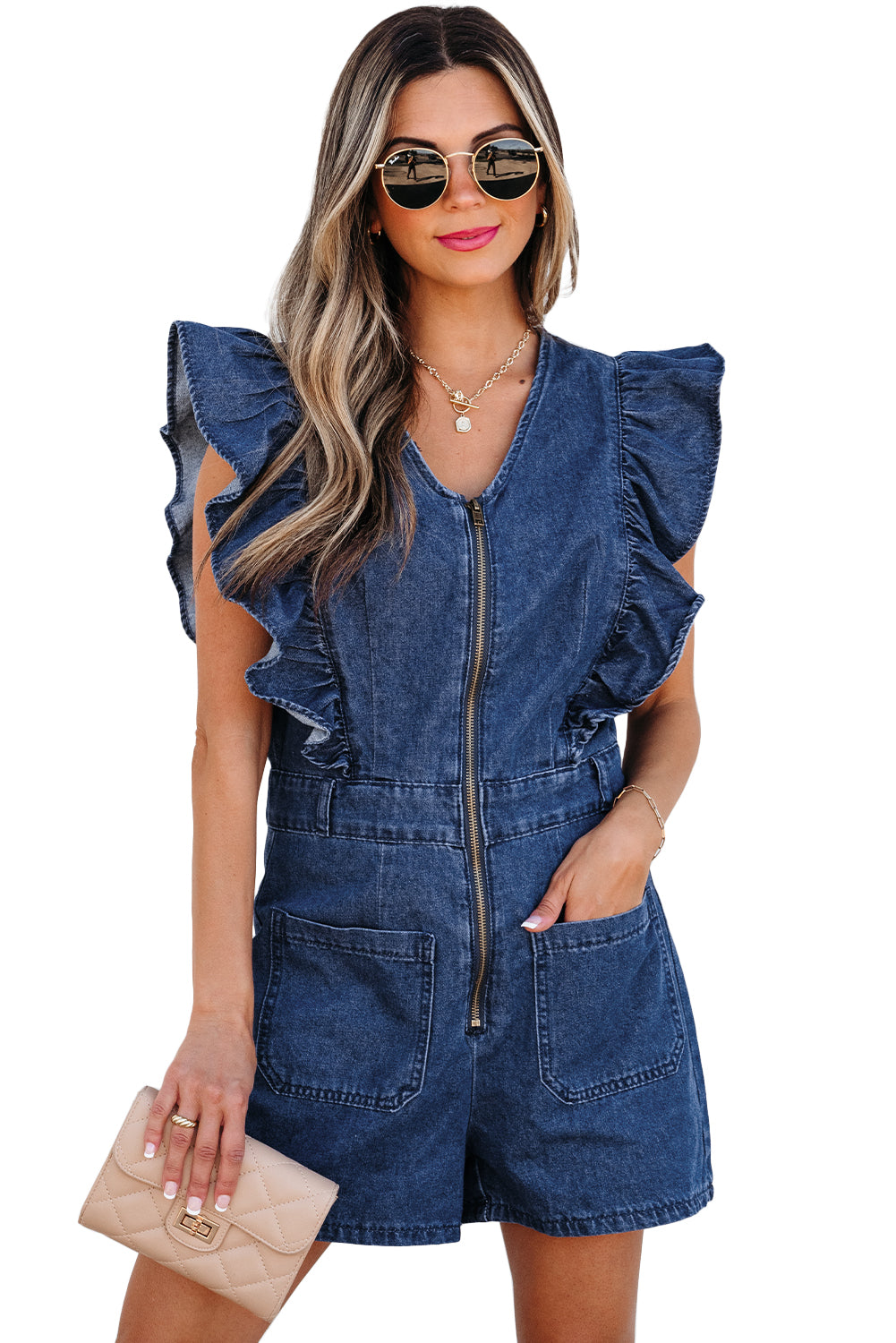 Denim Ruffled Zipped Front Belted Romper