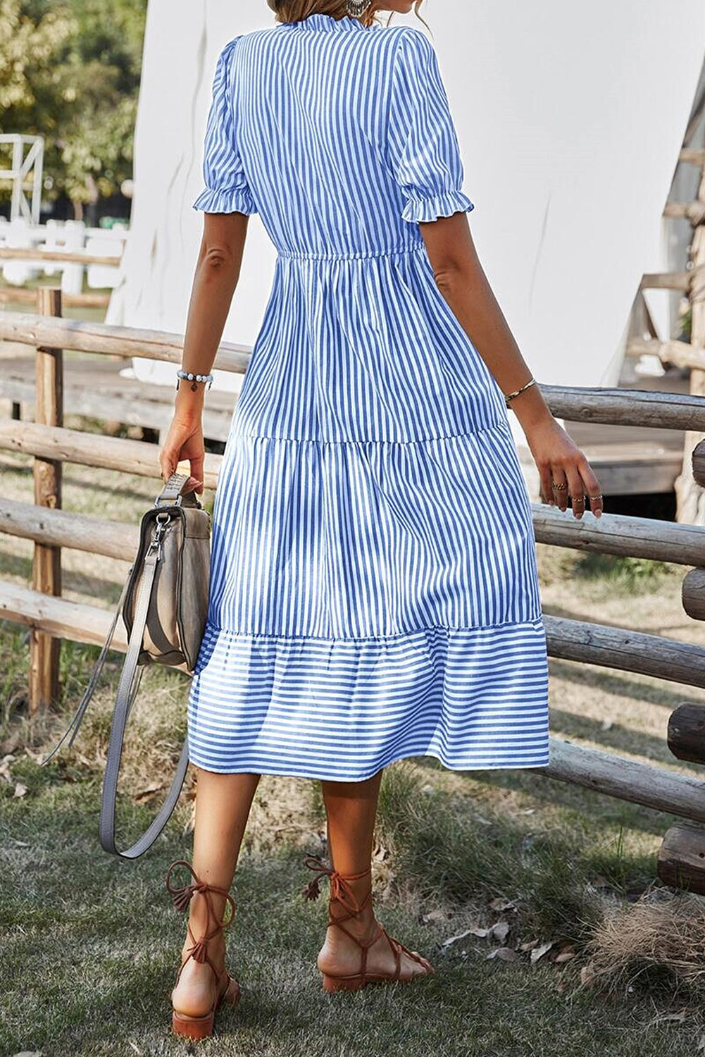 Stripe Button Tassel Tie Detail Frilled Short Sleeve Flared Midi Dress