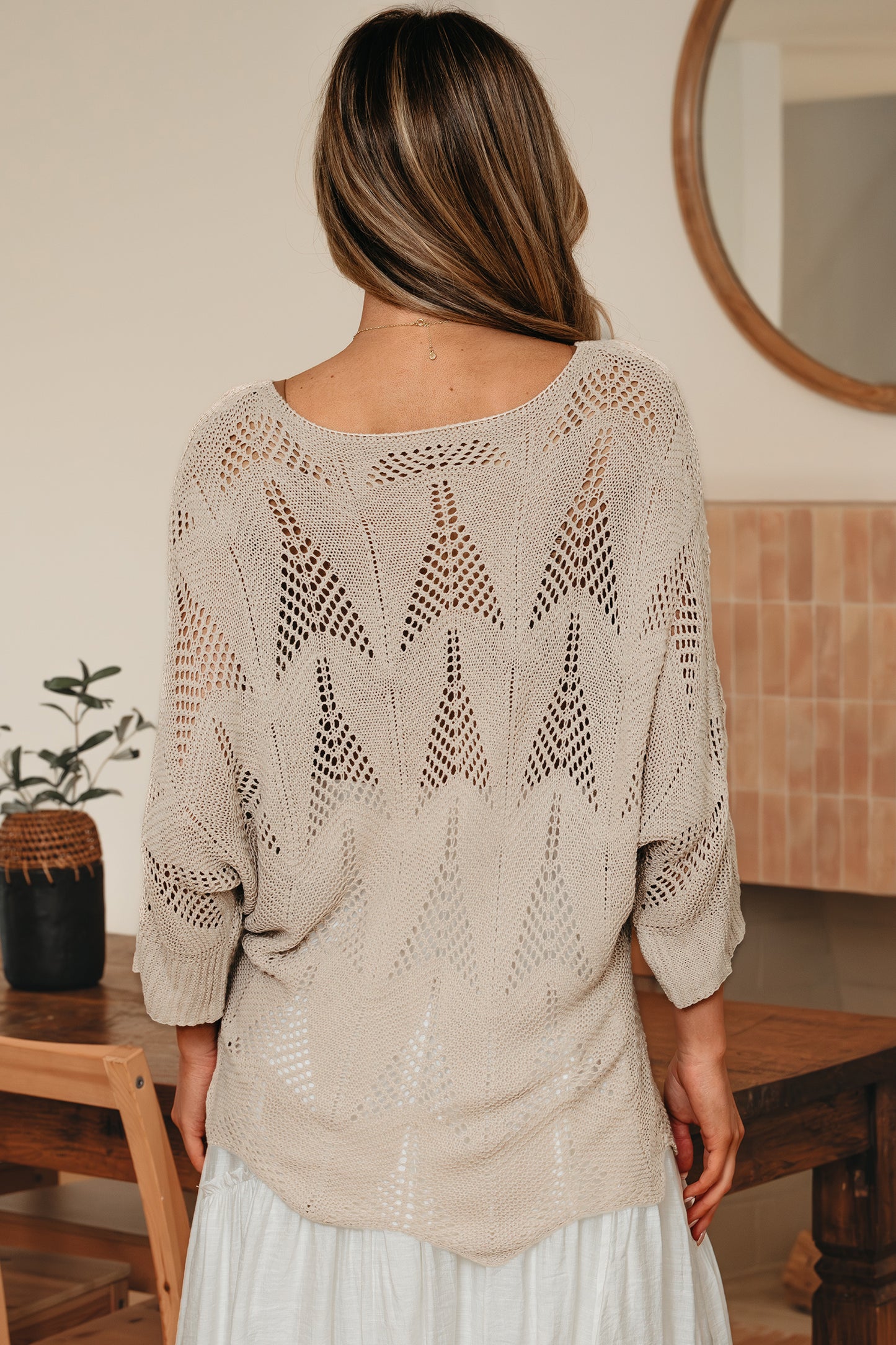 Hollow Out Knit 7/8 Sleeve Casual Sweater