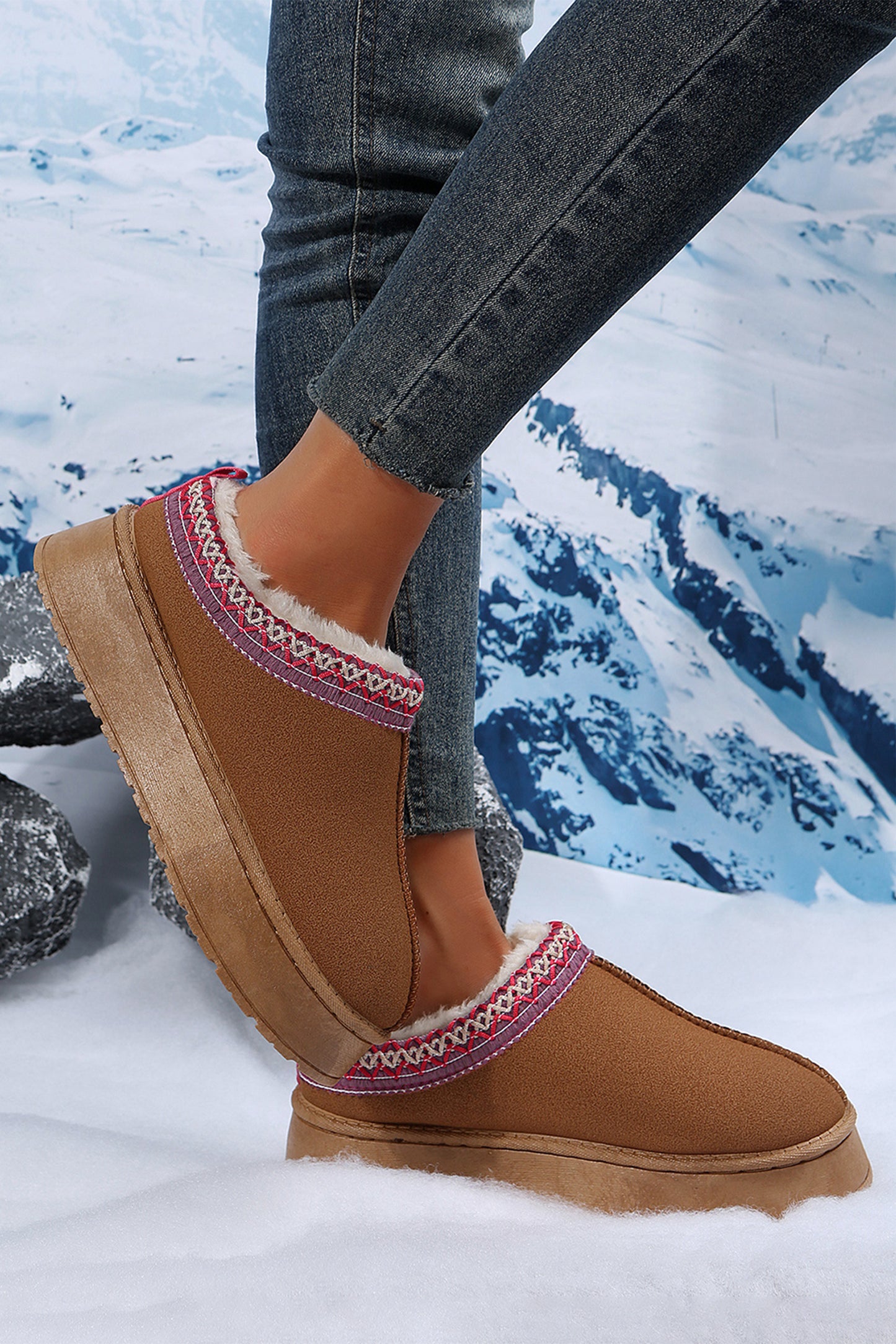 Contrast Print Suede Plush Lined Snow Boots