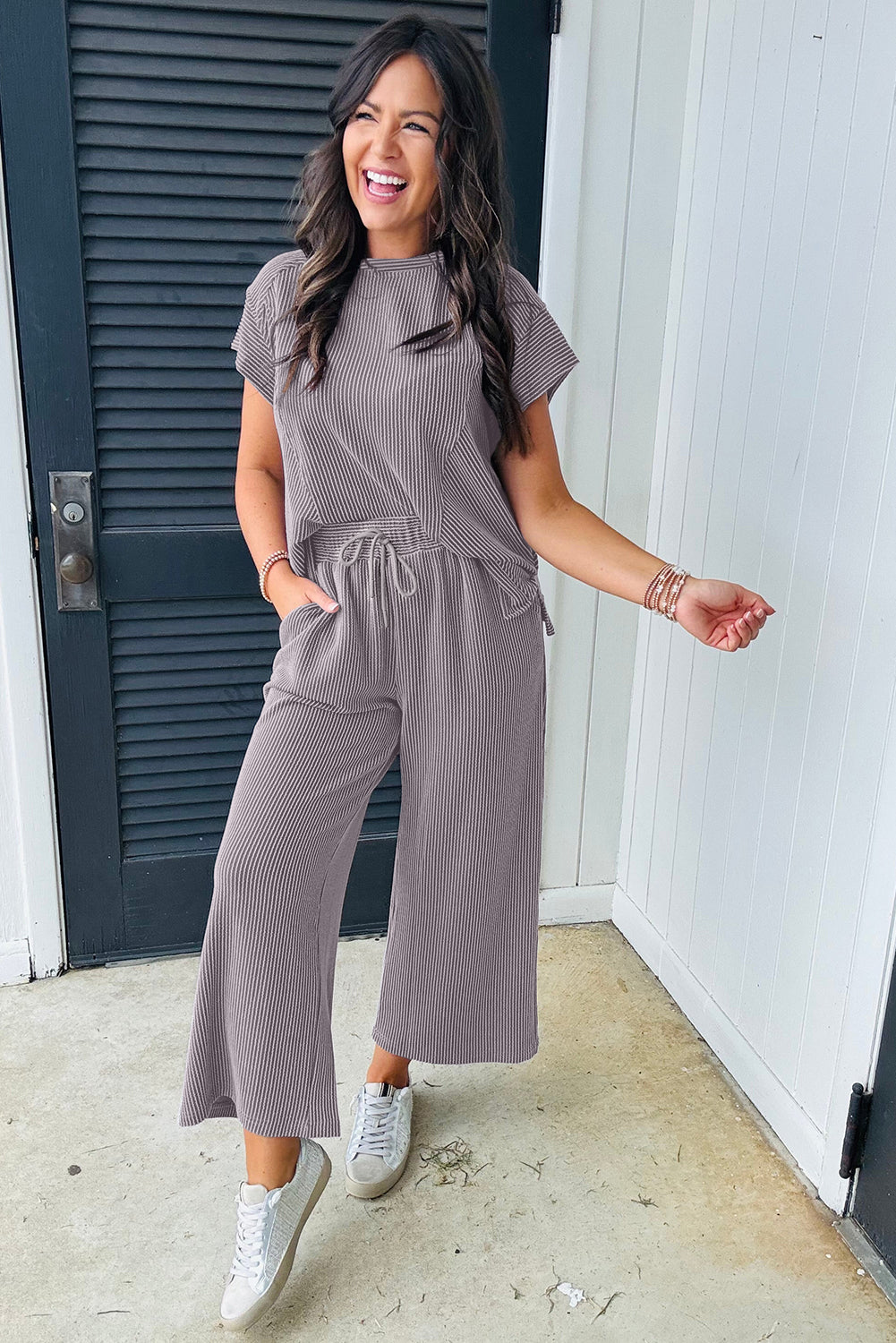 Solid Corded Knit Short Sleeve T Shirt and Wide Leg Pants Set