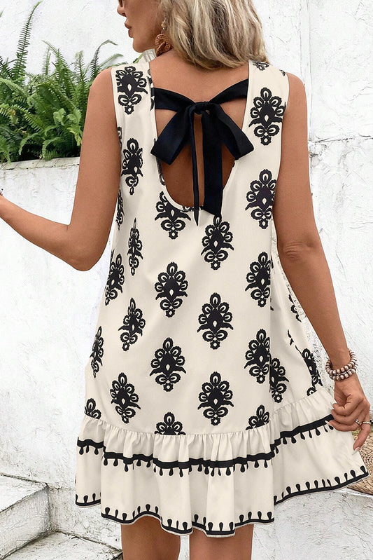 Geometric Printed Sleeveless Hollowed Bowknot Back Mini Dress