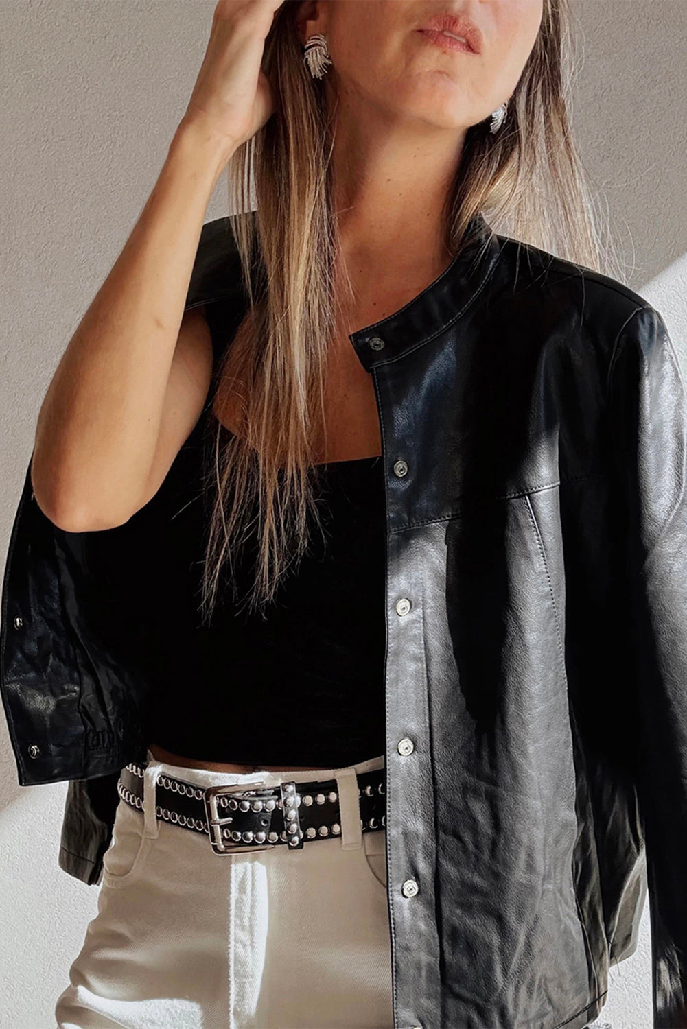 Faux Leather Buttoned Front Boxy Jacket
