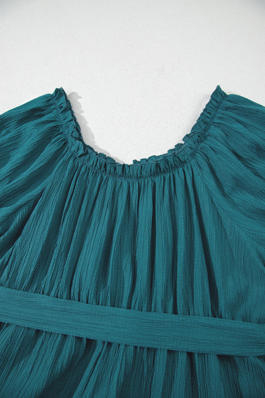 Frilled U Neck Puff Sleeve Belted Ruffle Hem Plus Size Midi Dress