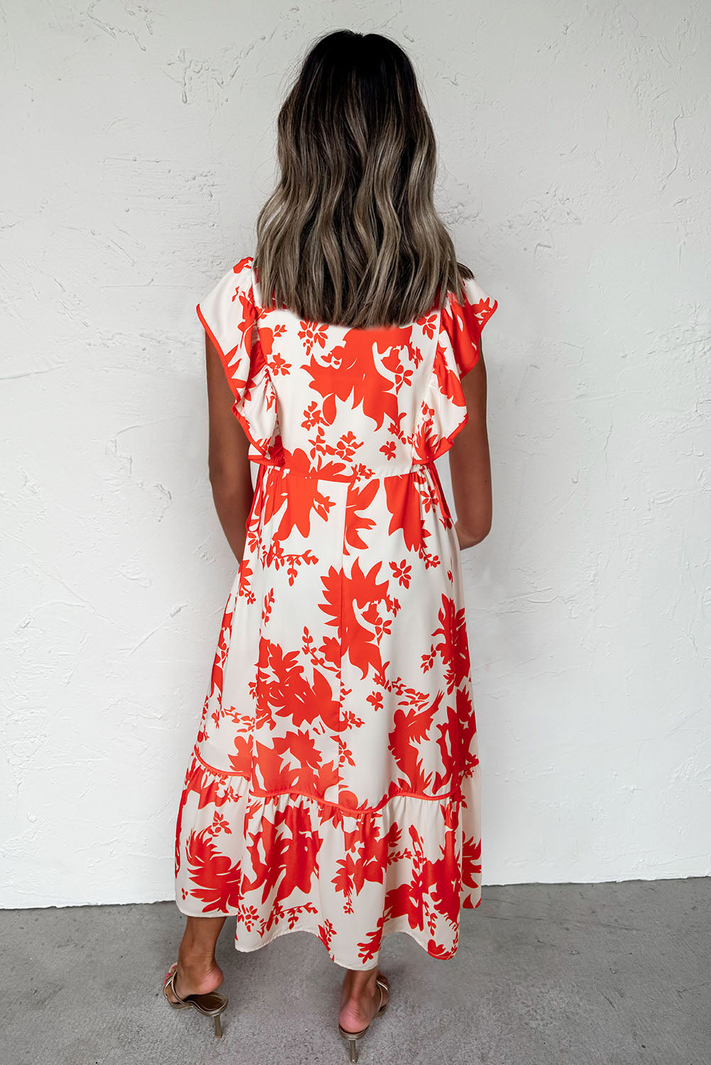 Floral Print Trimmed V Neck Ruffle Sleeve Long Dress