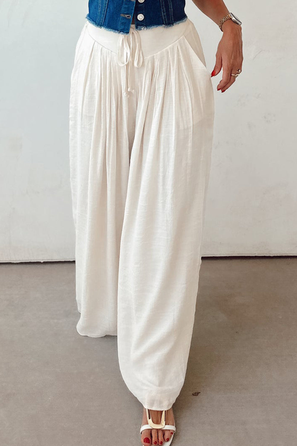 Casual Tie Waist Pleated Wide Leg Pants