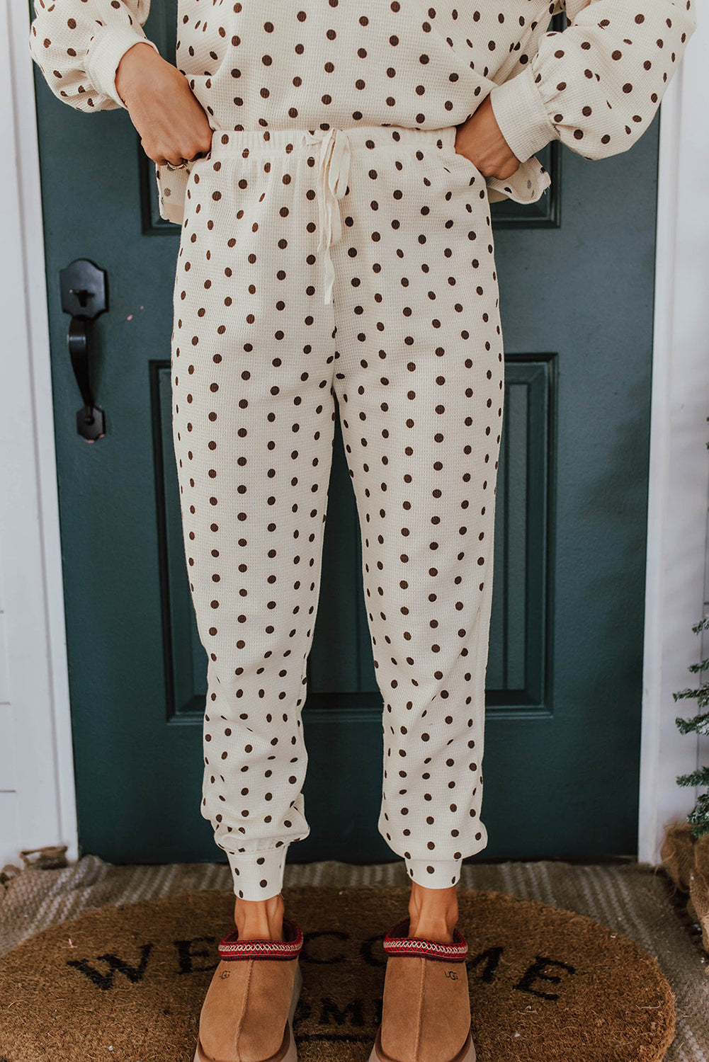 Polka Dot Print Notched Neck Long Sleeve Top Drawstring Jogger Pants Waffle Knit Lounge Set
