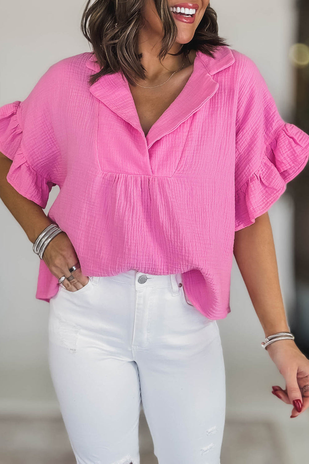 Textured Ruffled Sleeve Collared V Neck Loose Fit Top