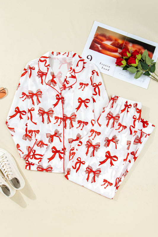 Christmas Bow Print Long 2pcs Pajama Set