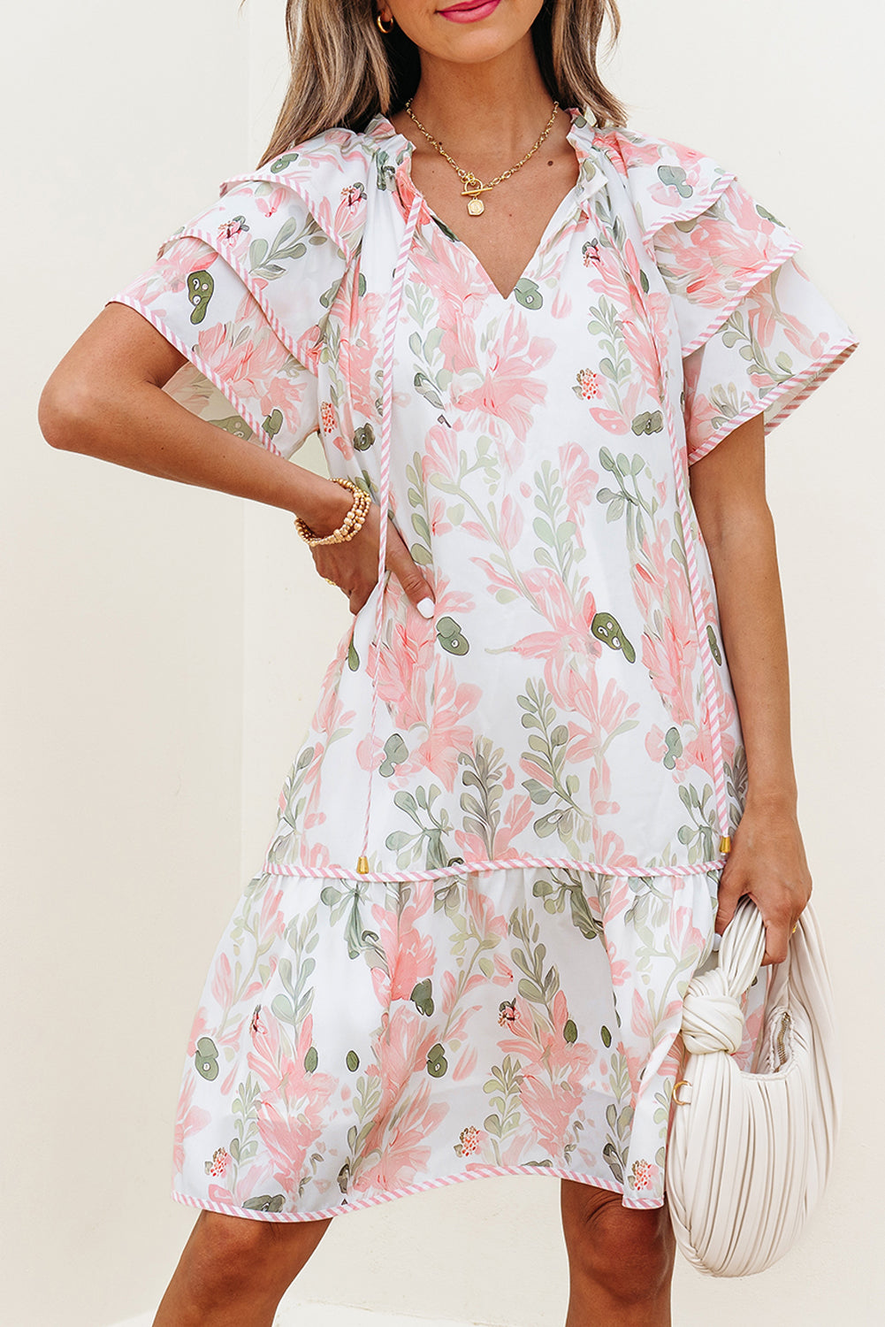 Floral Contrast Edge Layered Short Sleeve Mini Dress