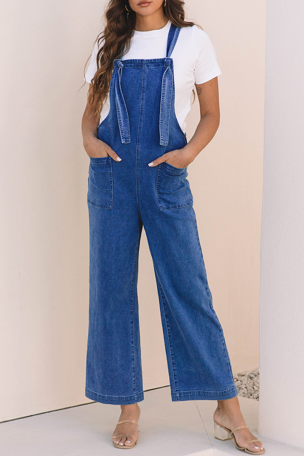 Mineral Wash Knotted Strap Patched Pocket Wide Leg Denim Overalls