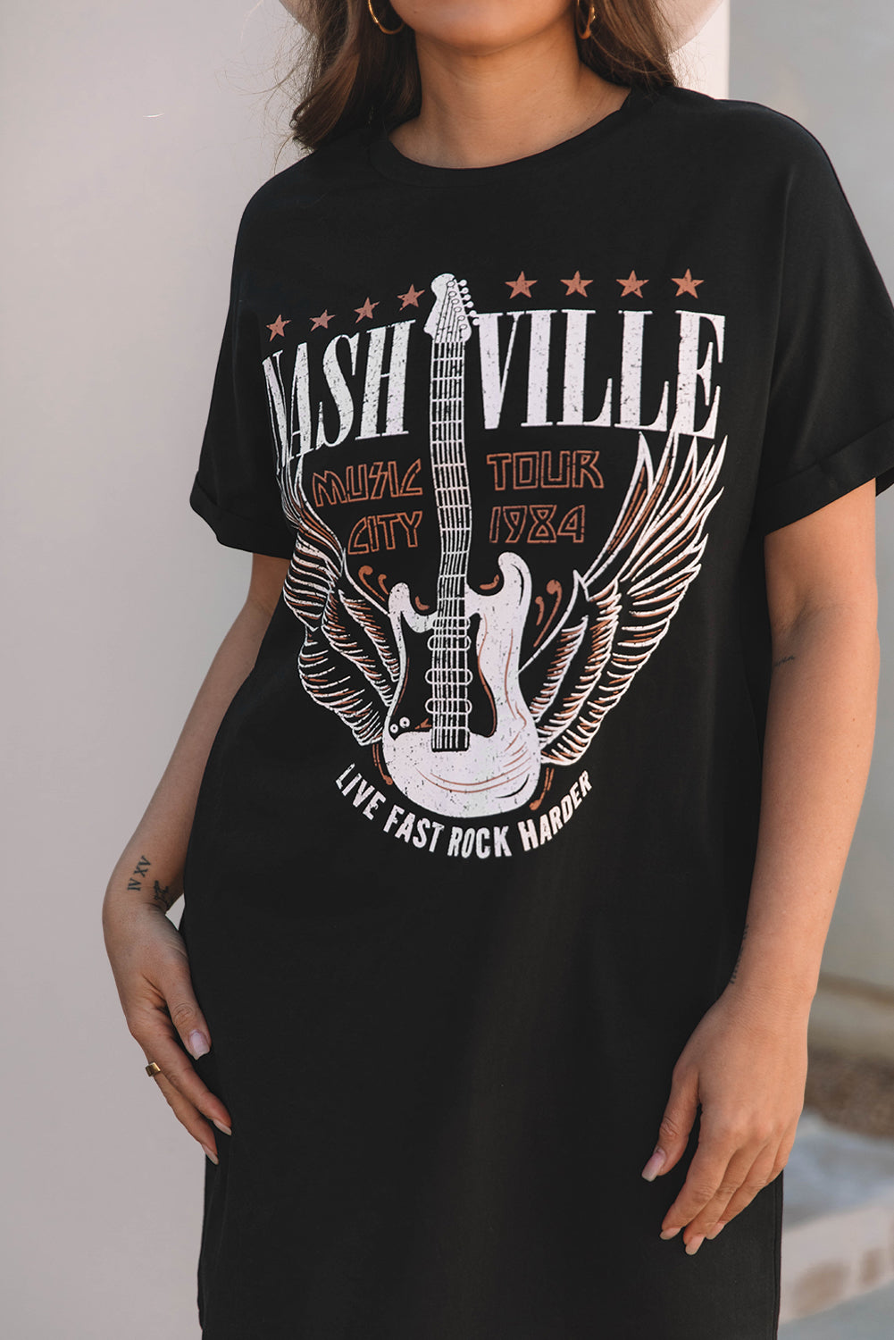 Nashville Guitar Print Crew Neck T Shirt Mini Dress