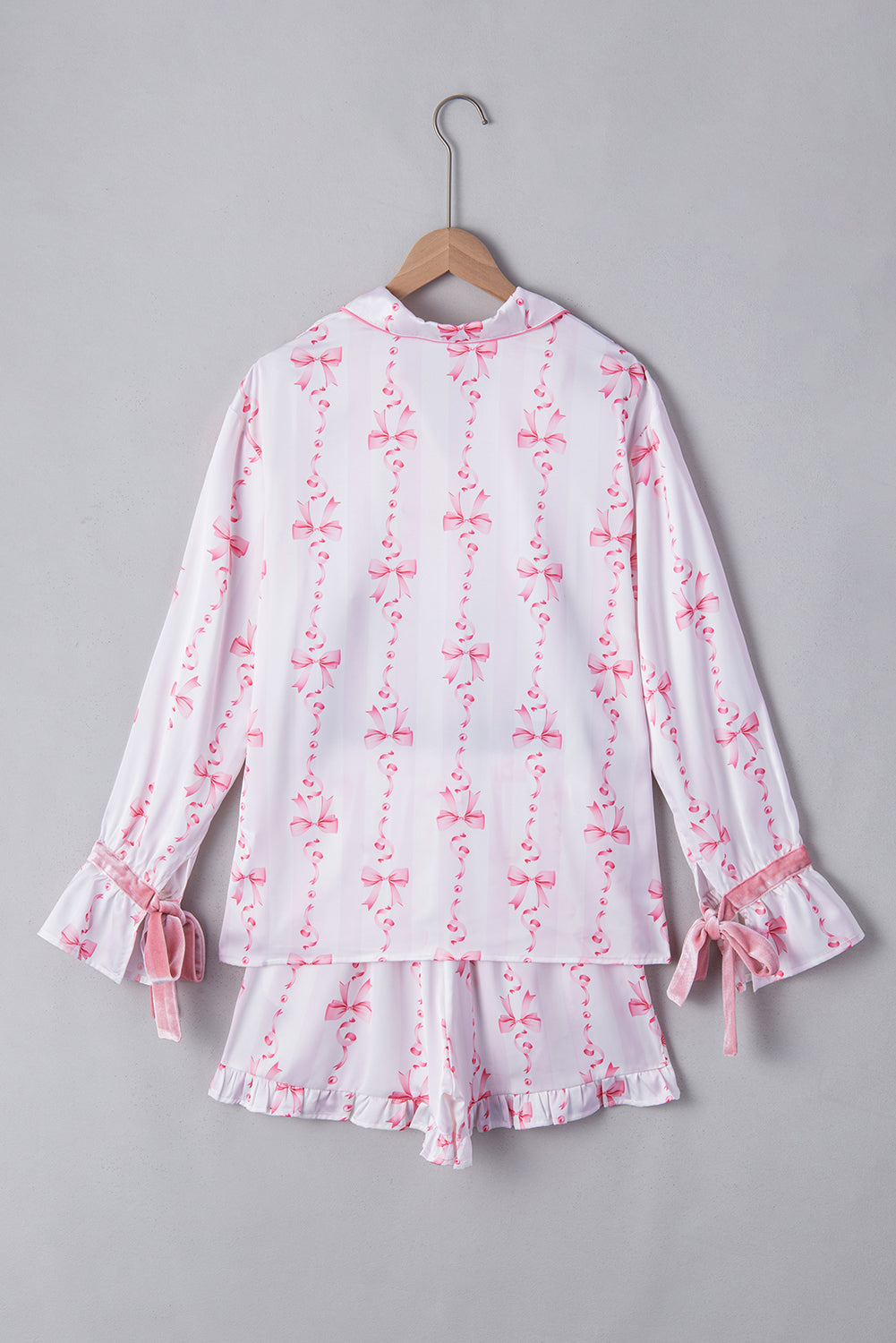 Satin Bow Bell Sleeve Shirt and Ruffled Shorts Pajama Set