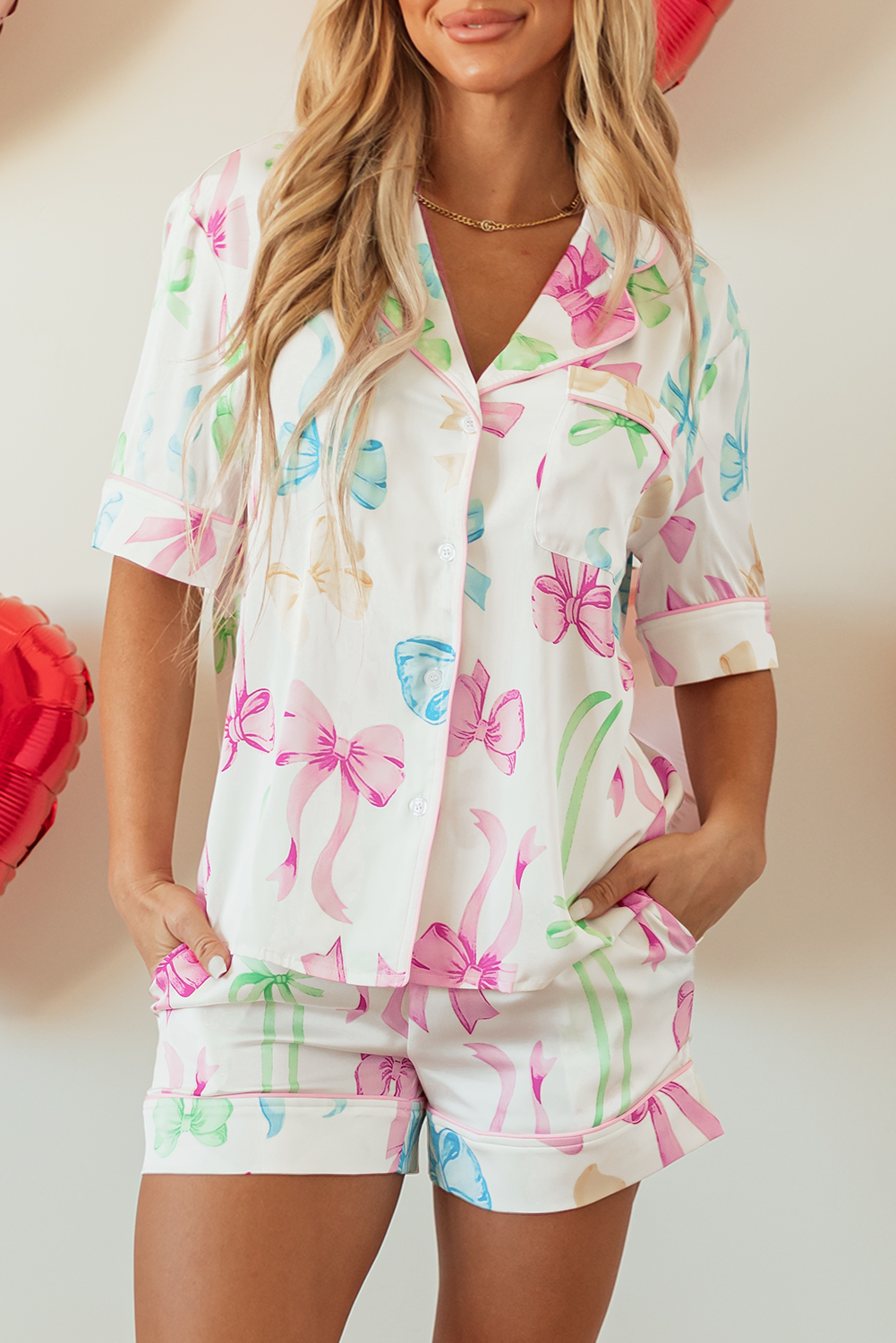 Bowknot Print Buttoned Shirt High Waist Shorts Pajama Set