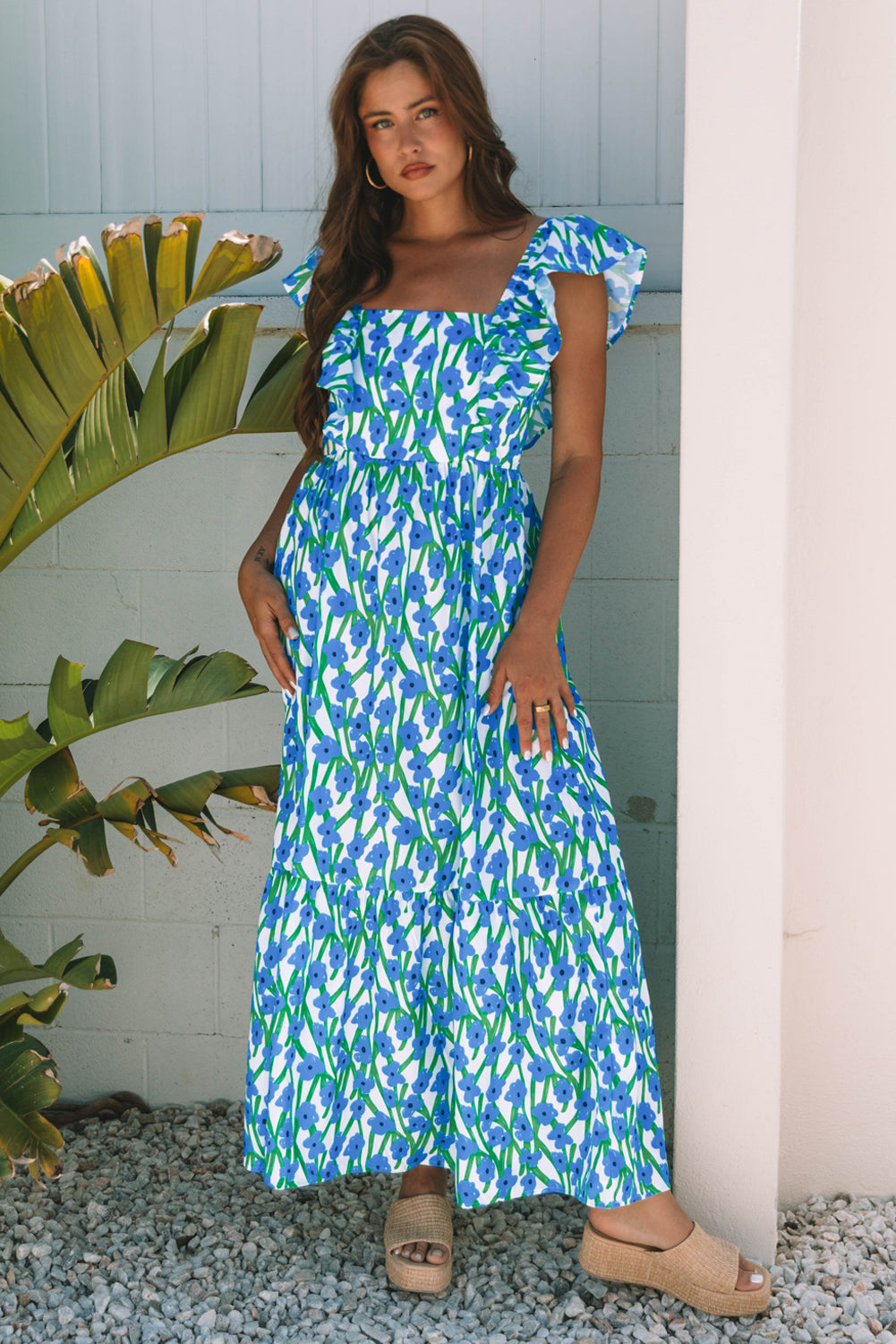 Floral Print Square Neck Ruffled Strap Maxi Dress