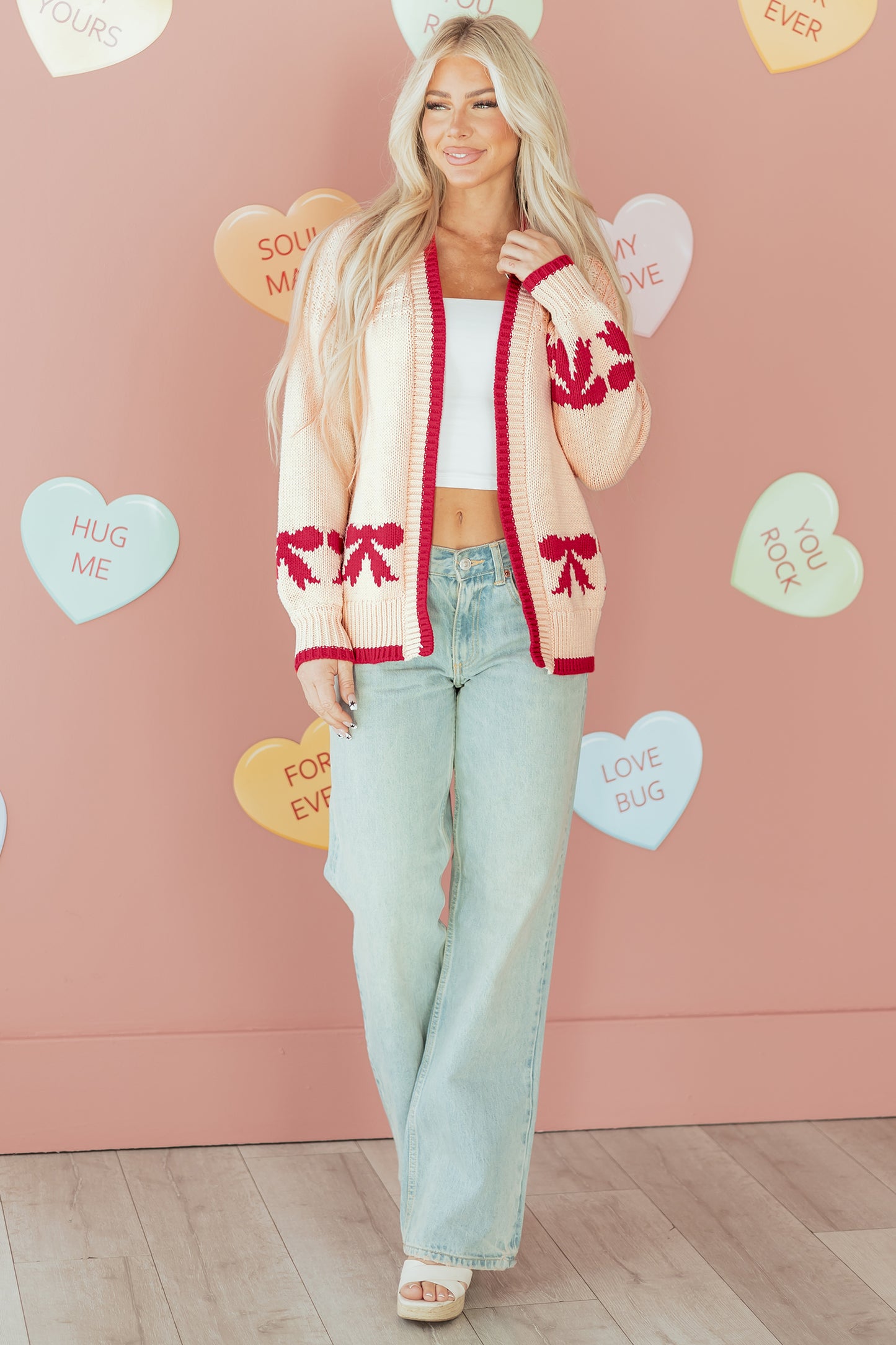 Bow Pattern Textured Open Front Baggy Cardigan