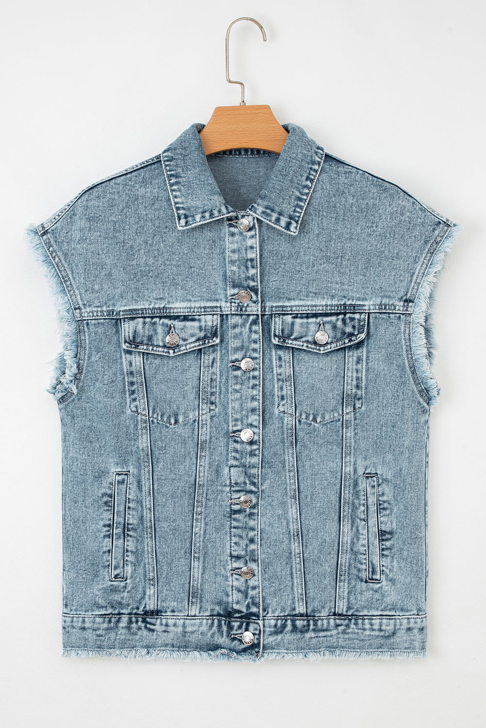 Button Flap Pocket Frayed Detail Denim Vest