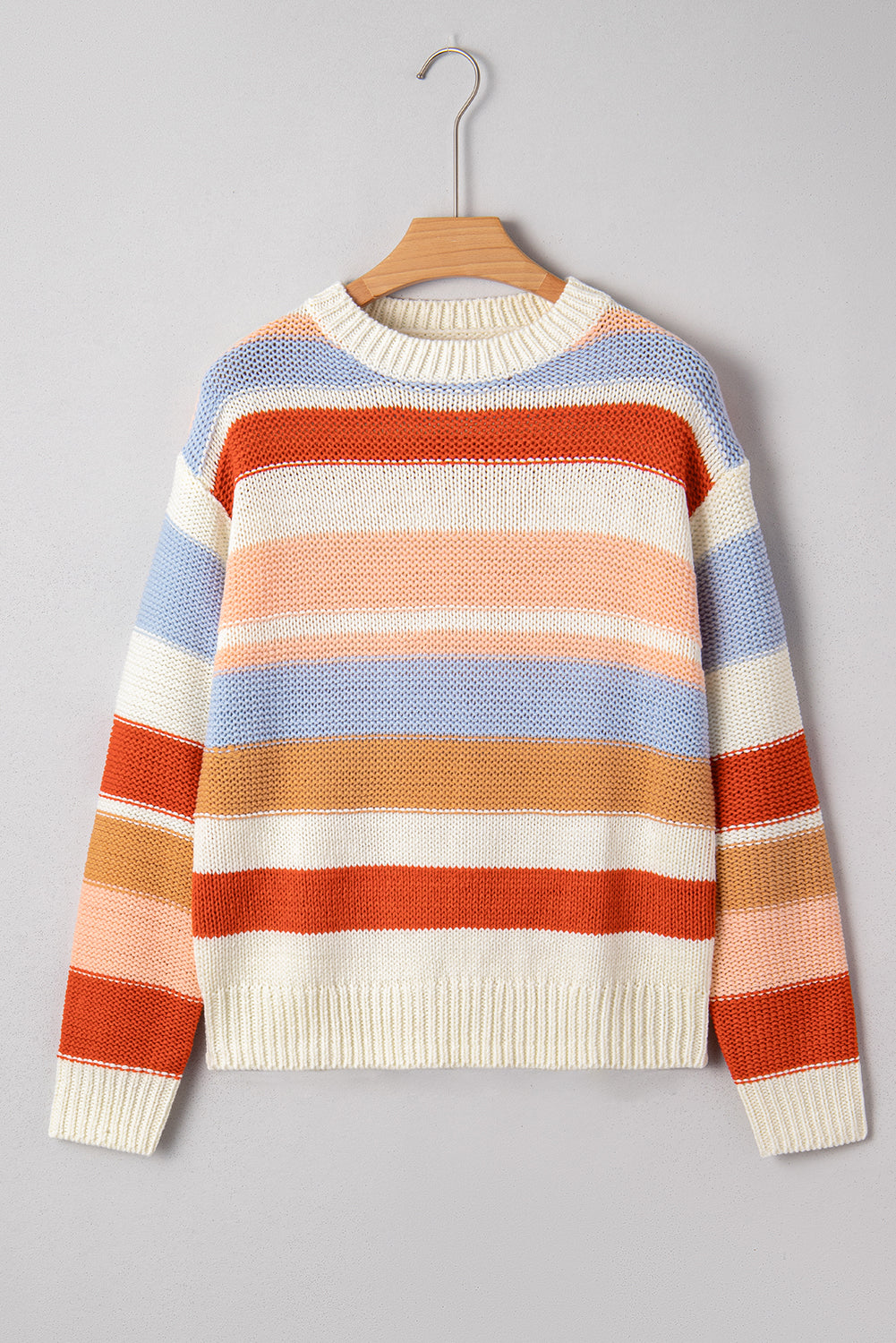 Striped Colorblock Round Neck Drop Shoulder Sweater
