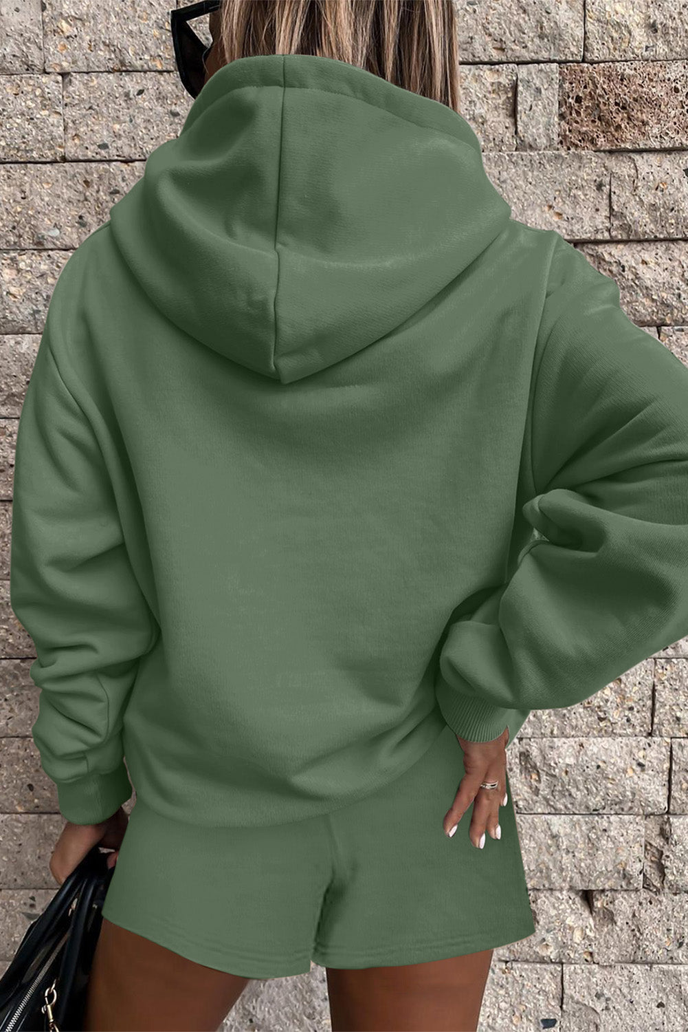 Button Drawstring Hooded Pullover and Casual Short Set